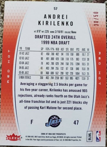 ANDREI KIRILENKO 2006-07 Fleer NBA Hot Prospects RED HOT SP #30/50 Utah Jazz #57