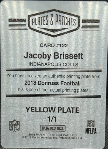 JACOBY BRISSETT 2018 Panini Donruss PRINTING PLATE SP #1/1 Colts Dolphins One of