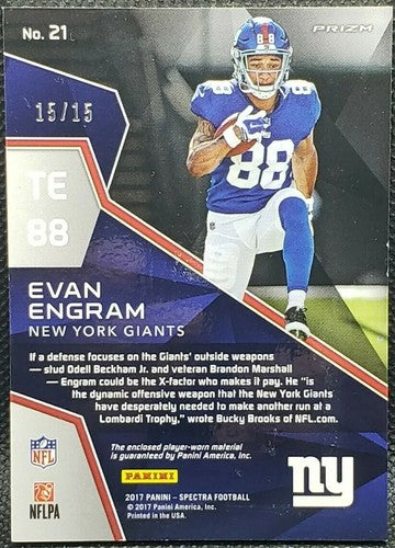 EVAN ENGRAM 2017 Panini Spectra JUMBO RC Jersey NUMBER PATCH Neon Pink SP #15/15