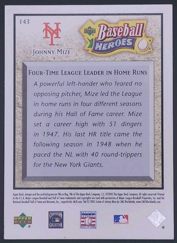 JOHNNY MIZE 2005 Upper Deck Baseball Heroes #/575 Giants Cardinals Yankees #143