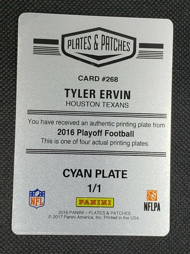 TYLER ERVIN 2016 Panini Playoff Rookie RC PRINTING PLATE SP #1/1 Texans Patches
