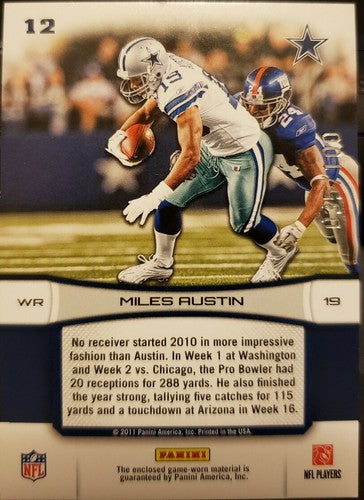 MILES AUSTIN 2011 Gridiron Gear Plates DUAL Game Used Jersey PATCH #/100 Cowboys