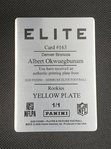 ALBERT OKWUEGBUNAM 2020 Panini Donruss Elite PRINTING PLATE #1/1 Broncos Patches