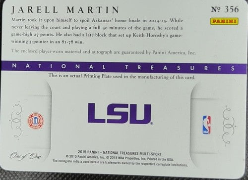 JARELL MARTIN 2015-16 Panini National Treasures AUTO PATCH PRINTING PLATE 1/1 of
