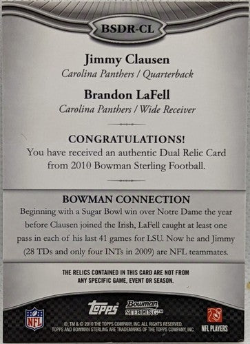 Jimmy CLAUSEN Brandon LaFELL 2010 RC DUAL Panthers LOGO PATCH PRINTING PLATE 1/1