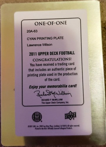 LAWRENCE WILSON 2011 UD 20th Anniversary Rookie PRINTING PLATE 1/1 of 1 Panthers