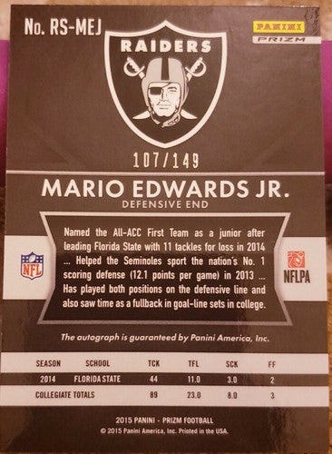 MARIO EDWARDS JR 2015 Panini Prizm AUTO #/149 Oakland Raiders New Orleans Saints