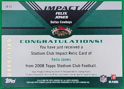 FELIX JONES 2008 Topps Stadium Club Impact RC JERSEY SP #/1349 Cowboys Arkansas