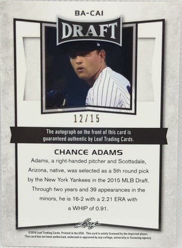 ð½ CHANCE ADAMS 2016 Leaf Metal Draft PINK Prospect RC AUTO #/15 Yankees Royals