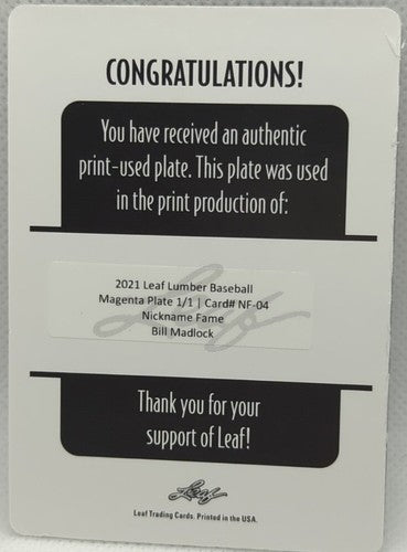 BILL MADLOCK 2021 Leaf Lumber Nickname Fame PRINTING PLATE SP #1/1 Cubs Pirates