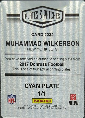 MUHAMMAD WILKERSON 2017 Panini Donruss PRINTING PLATE SP 1/1 Jets Packers One of
