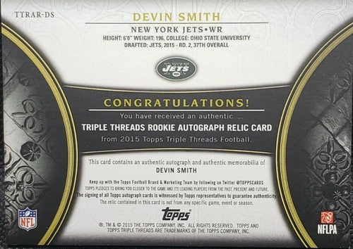 DEVIN SMITH 2015 Topps Triple Threads DUAL AUTO JERSEY PATCH Gold SP #04/25 Jets
