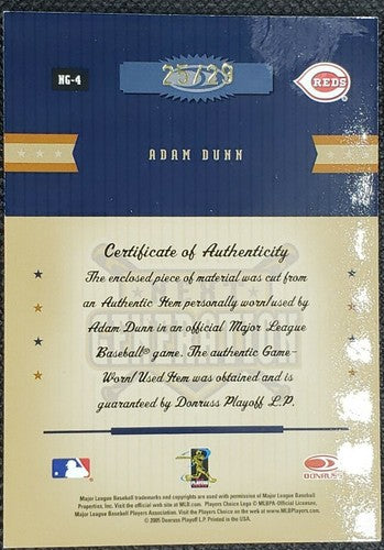 ADAM DUNN 2005 Prime Patches Game Used Worn Jersey NAME PLATE PATCH SP #/29 Reds