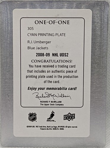 R. J. UMBERGER 2008-09 Upper Deck NHL Series PRINTING PLATE #1/1 Blue Jackets RJ