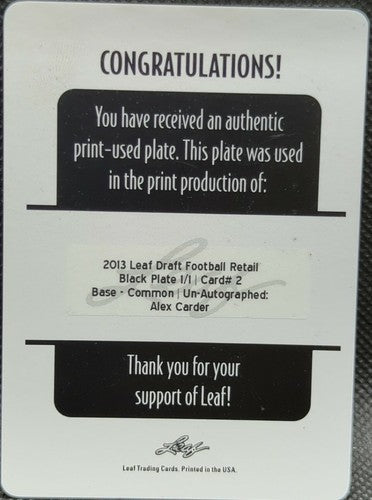 ALEX CARDER 2013 Leaf Draft Retail Common RC PRINTING PLATE SP #1/1 Lions One of