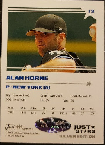 ALAN HORNE 2008 Just Minors Stars Rookie Silver Glossy SP #1/1 of 1 NY Yankees