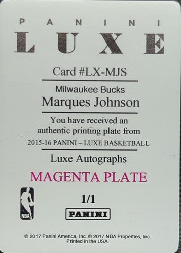 MARQUES JOHNSON 2015-16 Panini Luxe Autographs PRINTING PLATE #1/1 Bucks One of