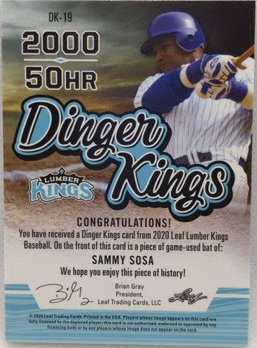 SAMMY SOSA 2020 Leaf Lumber Kings Dinger Game Used BAT PATCH SILVER SP #/12 Cubs