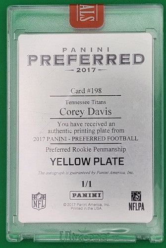 COREY DAVIS 2017 Panini Preferred Penmanship RC AUTO PRINTING PLATE #1/1 Titans