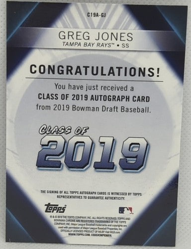 GREG JONES 2019 Topps Bowman Draft Class Of '19 RC AUTO Chrome SP #/250 TB Rays