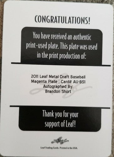 BRANDON SHORT 2011 Leaf Metal PRINTING PLATE AUTO Autograph #1/1 of 1 White Sox