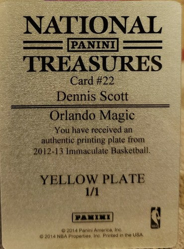 DENNIS SCOTT 2012-13 Immaculate Collection PRINTING PLATE 1/1 of 1 Orlando Magic