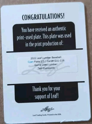 TED KLUSZEWSKI 2022 Leaf Game Used Lumber PRINTING PLATE SP #1/1 Reds Redlegs of