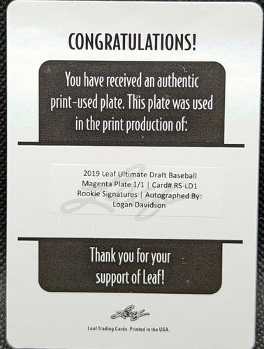 LOGAN DAVIDSON 2019 Leaf Ultimate Draft RC AUTO PRINTING PLATE 1/1 Athletics A's