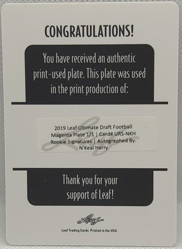 N'KEAL HARRY 2019 Leaf Ultimate Draft AUTO PRINTING PLATE #1/1 Patriots Bears of