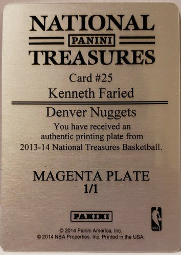 KENNETH FARIED 2013-14 Panini National Treasures PRINTING PLATE SP #1/1 Nuggets