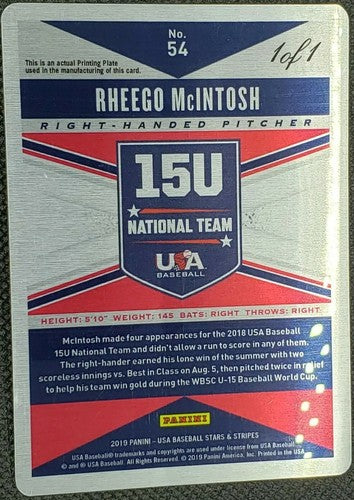 RHEEGO McINTOSH 2019 Panini USA Stars & Stripes RC PRINTING PLATE SP #1/1 One of