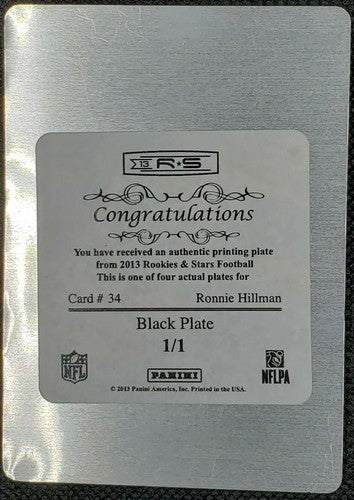 RONNIE HILLMAN 2013 Panini Rookies & Stars PRINTING PLATE SP 1/1 Broncos Vikings