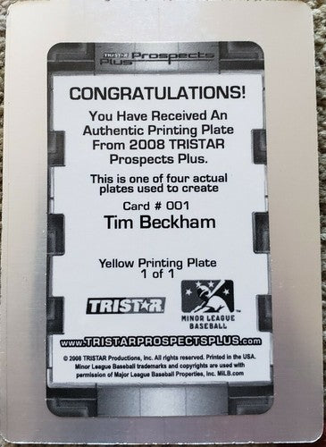 TIM BECKHAM 2008 Tristar Prospects Plus Rookie PRINTING PLATE SP #1/1 of 1 Rays