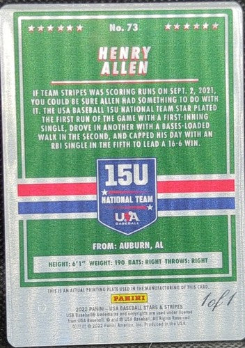 HENRY ALLEN 2022 Panini USA Stars & Stripes PRINTING PLATE SP #1/1 Auburn One of