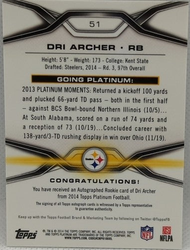 DRI ARCHER 2014 Topps Platinum Rookie RC AUTO Pittsburgh Steelers Jets Bills #51