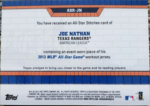 JOE NATHAN 2013 Topps Update All-Star Game Stitches Worn Workout Jersey Rangers