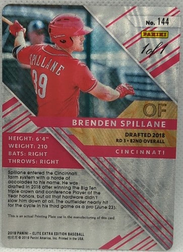 BRENDEN SPILLANE 2019 Panini Elite Extra Edition RC AUTO PRINTING PLATE 1/1 Reds