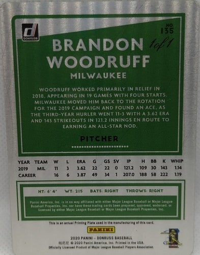 BRANDON WOODRUFF 2020 Panini Donruss PRINTING PLATE 1/1 Milwaukee Brewers One of
