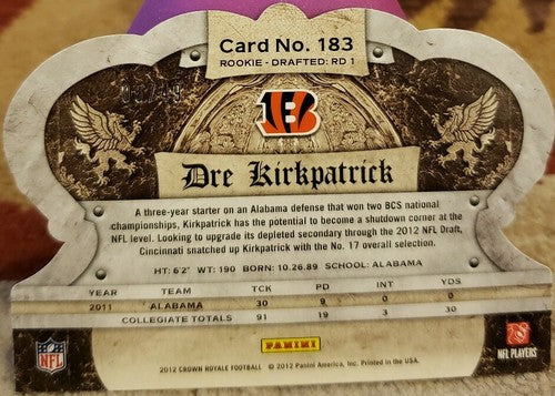 DRE KIRKPATRICK 2012 Panini Crown Royale Rookie GREEN SP #/49 Cincinnati Bengals