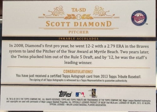 SCOTT DIAMOND 2013 Topps Tribute Baseball AUTO SP #/50 Minnesota Twins Blue Jays