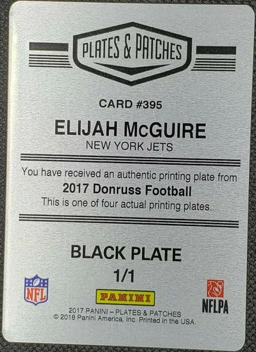 ELIJAH McGUIRE 2017 Panini Donruss RC PRINTING PLATE SP #1/1 Jets Patches One of