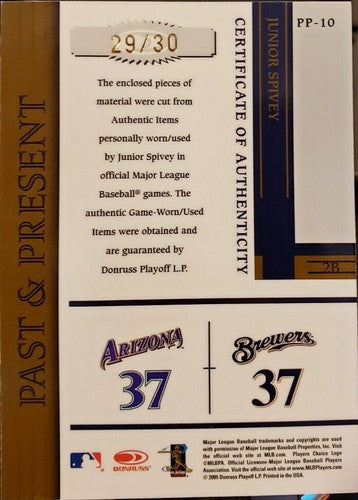JUNIOR SPIVEY 2005 Donruss Prime Patches DUAL Game Worn Jersey Number PATCH #/30