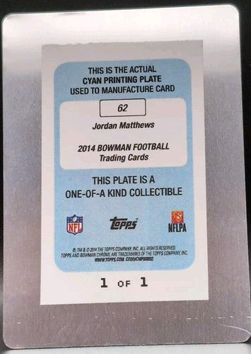JORDAN MATTHEWS 2014 Bowman RC AUTO PRINTING PLATE SP #1/1 Eagles 49ers Panthers