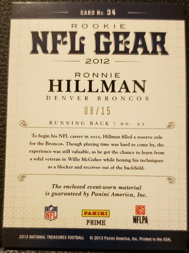 RONNIE HILLMAN 2012 Panini National Treasures QUAD Jersey LAUNDRY TAG PATCH #/15