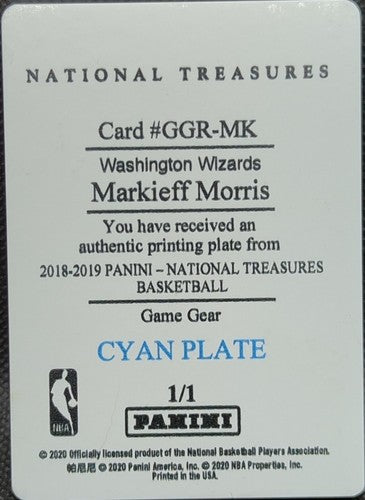 MARKIEFF MORRIS 2018-19 Panini National Treasures PRINTING PLATE #1/1 Wizards of