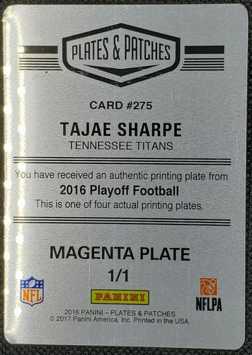 TAJAE SHARPE 2016 Panini Playoff Rookie RC PRINTING PLATE SP #1/1 Titans Patches