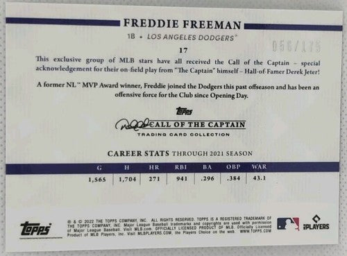 FREDDIE FREEMAN 2022 Topps X Derek Jeter Captain NAVY BLUE #/175 Dodgers Yankees