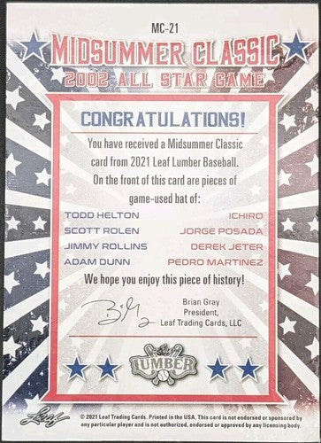 ICHIRO Derek JETER Pedro MARTINEZ POSADA HELTON 2021 Lumber 8 BAT PATCH #/7 READ