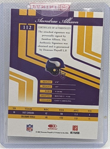 AUNDRAE ALLISON 2007 Donruss Elite Turn of the Century RC AUTO #/50 Vikings ECU