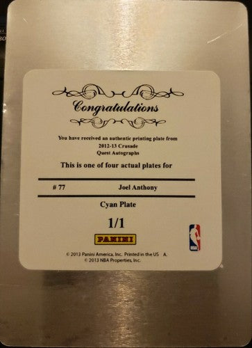 JOEL ANTHONY 2012-13 National Treasures PRINTING PLATE SP #1/1 of 1 Crusade Heat